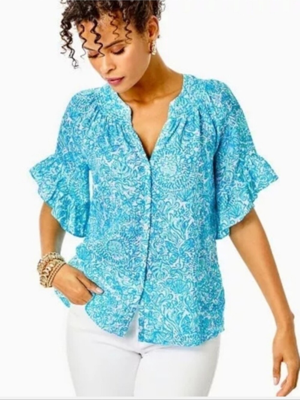 Lilly Pulitzer Tayla Short Sleeve 100% Linen Top Took Me By Sunrise Size Small